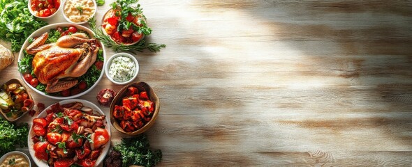 Fototapeta premium Deliciously Prepared Feast Displayed on Wooden Table with Sauces, Fresh Vegetables, Grilled Meats, and Colorful Sides in Warm Lighting for Culinary Inspiration