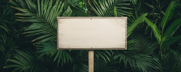 A blank wooden sign stands amidst lush green tropical foliage, inviting creativity or messages in a serene natural setting.