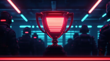 Futuristic Trophy in a Neon Lit Room, Esports Championship Victory