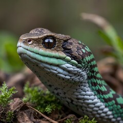 Fototapeta premium Bothriechis Marchi Interacting with Its Environment Coiled Near a Small Mammal or Bird