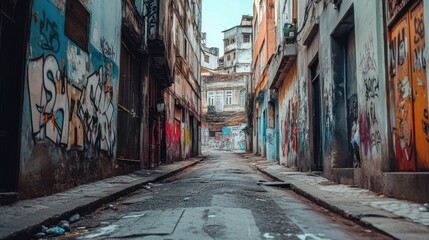 Fototapeta premium Urban Alleyway: A narrow, graffiti-covered alleyway winds through a dense urban environment, hinting at both the grit and the vibrant creative energy that thrives within the city's underbelly.