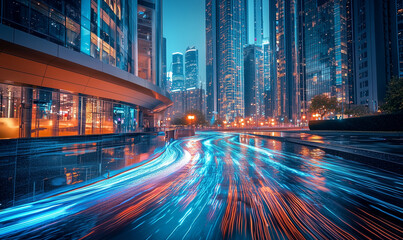 Fototapeta premium Dynamic light trails from traffic in urban skyscraper landscape nighttime cityscape photography futuristic concept
