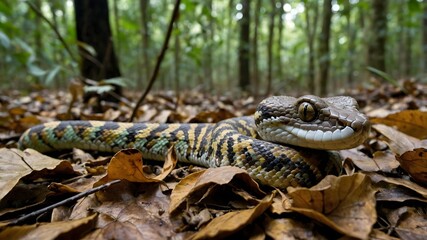 Fototapeta premium Bothriechis Marchi Coiled on a Branch Surrounded by Colorful Flowers in a Serene Rainforest