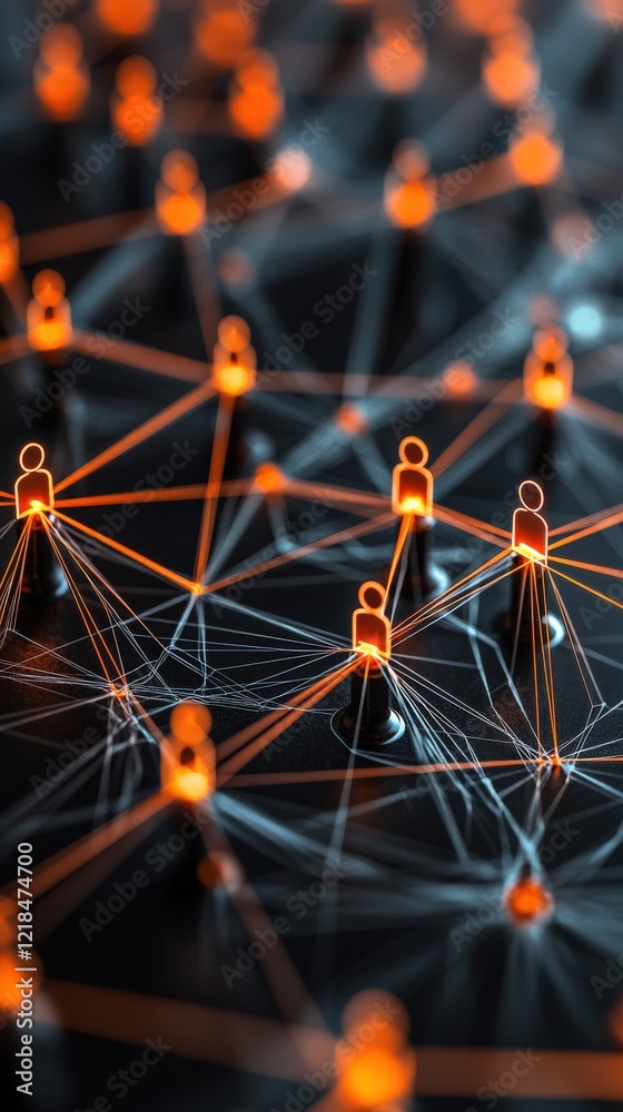 Poster abstract representation of human connection networks with glowing nodes and connecting lines in dark