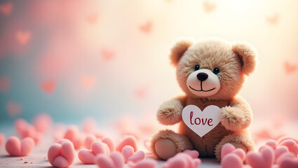 Fototapeta premium A teddy bear holds a handwritten love note, surrounded by pastel hearts, with a dreamy, pastel-colored background evoking warmth and love.