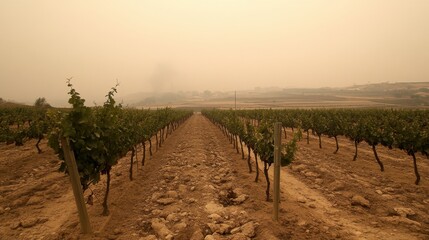 Fototapeta premium Vineyard under Smoky Skies: Rows of grapevines stretch towards a hazy horizon, obscured by smoke in the distance, creating a dramatic and somewhat melancholic scene of a vineyard. 
