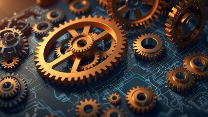Invention renovation and development concept, gears and cogs with cad engineering drawing isometric 3D vector illustration, technology theme, machinery and engine creation.
