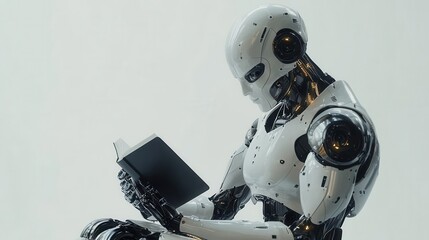 Humanoid Robot with Perfectly Proportioned Hands Holding Book  High Contrast, Studio Lighting