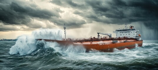 Large cargo ship sailing in stormy seas with dramatic waves and dark clouds