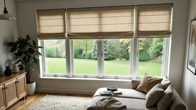 A living room with a couch and a plant. The couch is covered with a blanket. There are three windows in the room