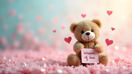 Fototapeta premium A teddy bear holds a handwritten love note, surrounded by pastel hearts, with a dreamy, pastel-colored background evoking warmth and love.