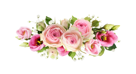 Pink rose and eustoma flowers in a festive floral arrangement isolated on white or transparent background