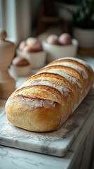 Naklejka premium Freshly baked loaf of bread sliced on a white plate with a sharp serrated knife, bathed in warm natural light, evoking a sense of homemade comfort and artisanal craftsmanship.