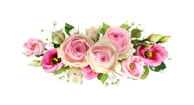 Pink rose and eustoma flowers in a festive floral arrangement isolated on white or transparent background