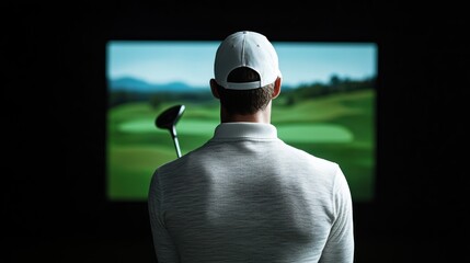 Golfer Practicing His Swing on a Golf Simulator