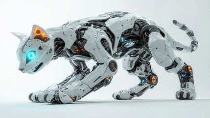 Hyperrealistic Robotic Cat with Glowing Eyes Futuristic Metallic Design and High-Tech Features