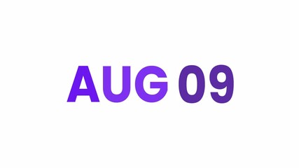 9th August calendar icon animation. Alpha matte with transparent background 4K resolution.