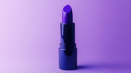 Bright purple lipstick stands upright against a soft purple background highlighting its unique color and sleek design