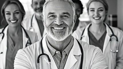 Group of healthcare professionals smiling together in a clinic setting while promoting teamwork and patient care
