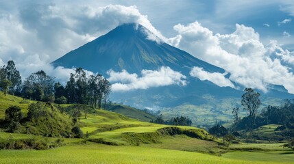 Fototapeta premium Majestic Volcano Landscape: A breathtaking panoramic view of a majestic volcano piercing through fluffy white clouds, overlooking a vibrant green valley with lush vegetation.&nbsp;