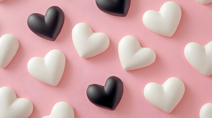 Obraz premium Romantic pink background with repeating pattern of black and white heart shapes. Perfect for Valentine's Day, love, or relationship themed designs.