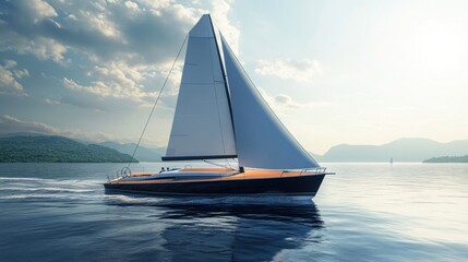 Fototapeta premium Sailboat cruising calm lake, mountains background, travel brochure