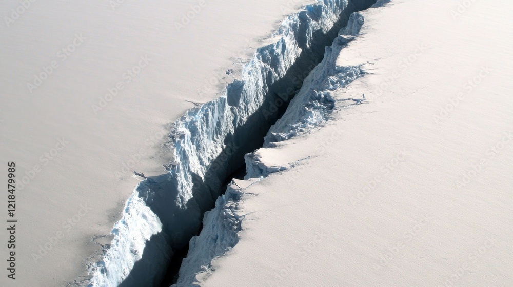 Wall mural Ice Shelf Crack: A dramatic aerial view captures a colossal crack snaking through an immense ice shelf, a stark reminder of the fragility and changing landscape of our planet's frozen regions.  