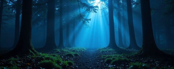 A blue light flashes on a forest floor, casting eerie shadows on the trees, lighting effects, ambient light, glowing