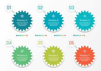 6 options business infographic template, gear shape in circle frame, with number in circle frame at the top left