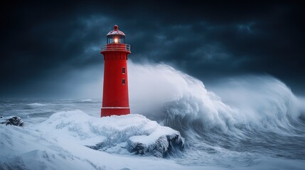 Red lighthouse, stormy sea, winter coast, hope