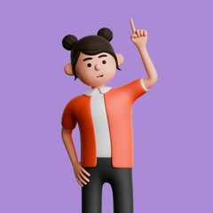 3d illustration of Asian female in casual red clothes, pointing her finger up. Isolated on purple background.