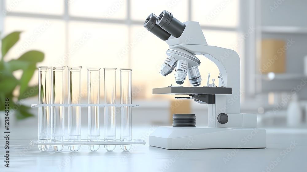 Poster image of a laboratory microscope and test tubes representing cutting edge biological analysis and experimentation tools