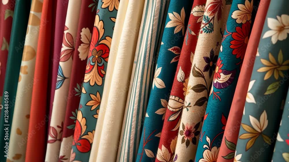Poster a row of colorful fabric with floral designs. some are red, some are blue, and some are white