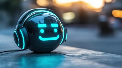 Fototapeta premium A futuristic smiling robot with headphones sitting on a ledge during sunset in an urban setting