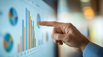 Close-up photography of a presenter pointing chart on the screen while explaining complex data