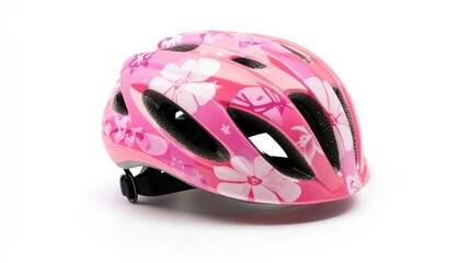 Pink floral bike helmet, safety gear, white background, cycling
