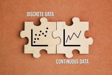 wooden puzzle with the words discrete data and continuous data. Discrete data represents exact...