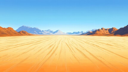 Desert Landscape with Tire Tracks and Mountain Range Panorama