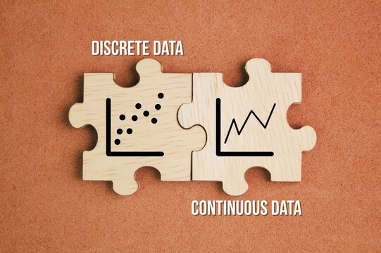 wooden puzzle with the words discrete data and continuous data. Discrete data represents exact figures you can count, such as the number of students in a class.