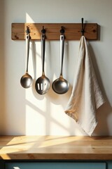 Sunlit kitchen utensils and linen towel hanging on a wooden rack