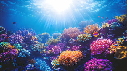 Fototapeta premium Vibrant Underwater Coral Reef with Tropical Fish and Sunlight