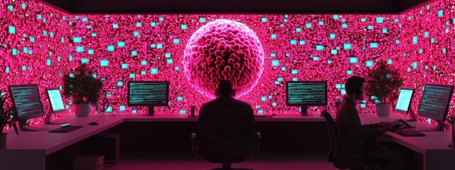 Futuristic Workspace with Neon Colors and Code on Screens in Front of Abstract Digital Sphere