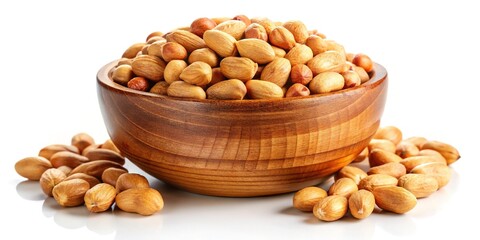 Close-up of roasted peanuts in a wooden bowl, long exposure shot against a white background.