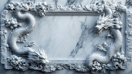 Elegant White Marble Frame Adorned with Intricate Dragon Design Surrounded by Vibrant Colorful Flowers Creating a Captivating Art Piece for Home Decor or Gallery Display in Classic Style