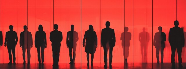 Silhouetted Business Figures Against a Bold Red Background in Modern Corporate Environment
