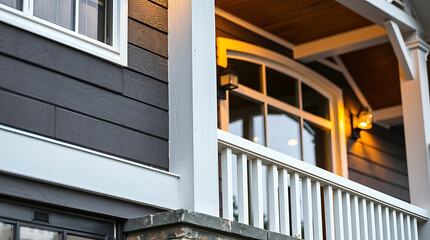 Fototapeta premium Modern House Exterior Design: White Porch Railing and Dark Siding. Luxury Home Architecture, Real Estate Photography