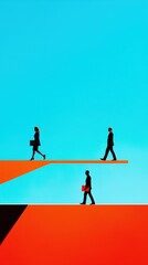 Modern Business People Walking on Colorful Abstract Pathway in Bright Blue and Orange Environment