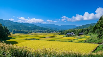 Obraz premium Golden Rice Terraces in Japan's Mountain Valley