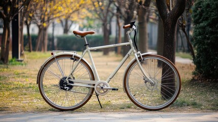 Fototapeta premium Vintage Bicycle in Park: A classic white bicycle with brown accents sits parked on a paved pathway in a park. The bike's design is simple and elegant.
