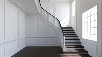 Obraz premium Elegant stairway, sunlit foyer, wainscoting, interior design, home staging